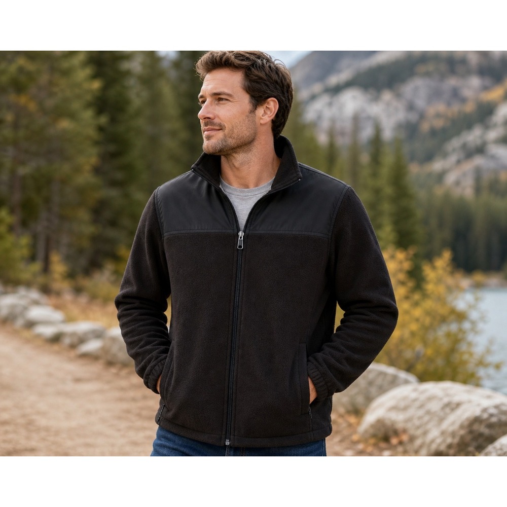 Starter Mens Black Full Zip Fleece Jacket Nylon Overlay Mock Neck Size M 38-40